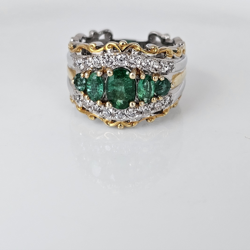 Gems En Vogue Emerald & Zircon Ring Palladium Sterling Silver & 24k Size 7! - Picture 2 of 8